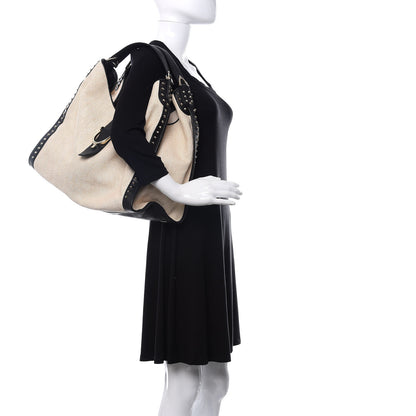 Gucci Canvas Calfskin Studded Large Soft Stirrup Shoulder Bag White Black 2 of 10