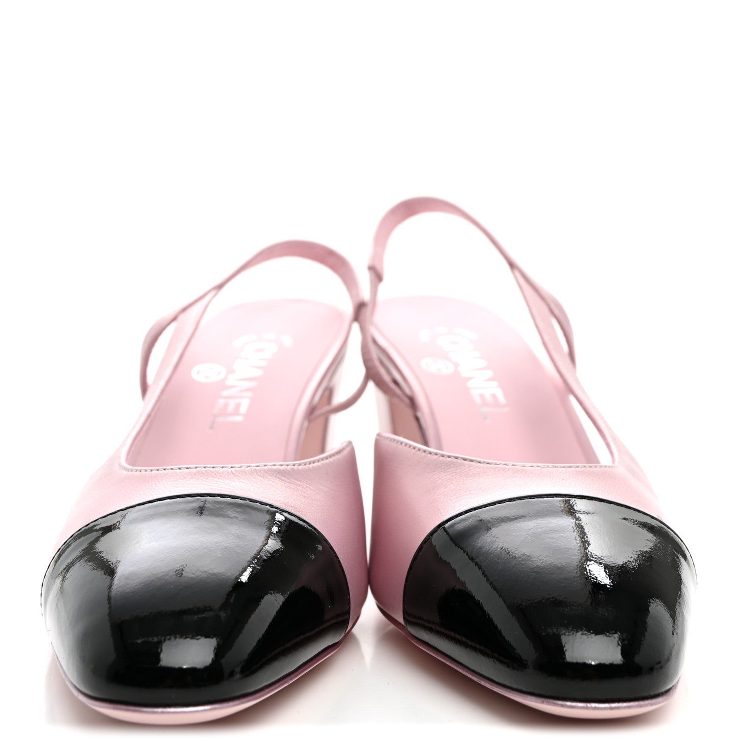 Chanel Laminated Lambskin Patent Cap Toe CC Slingback Pumps 39.5 Light Pink Black 2 of 9