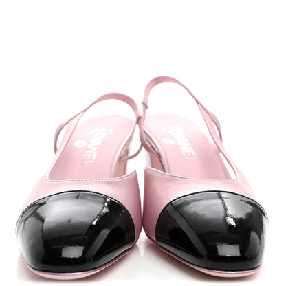 Chanel Laminated Lambskin Patent Cap Toe CC Slingback Pumps 39.5 Light Pink Black 2 of 9