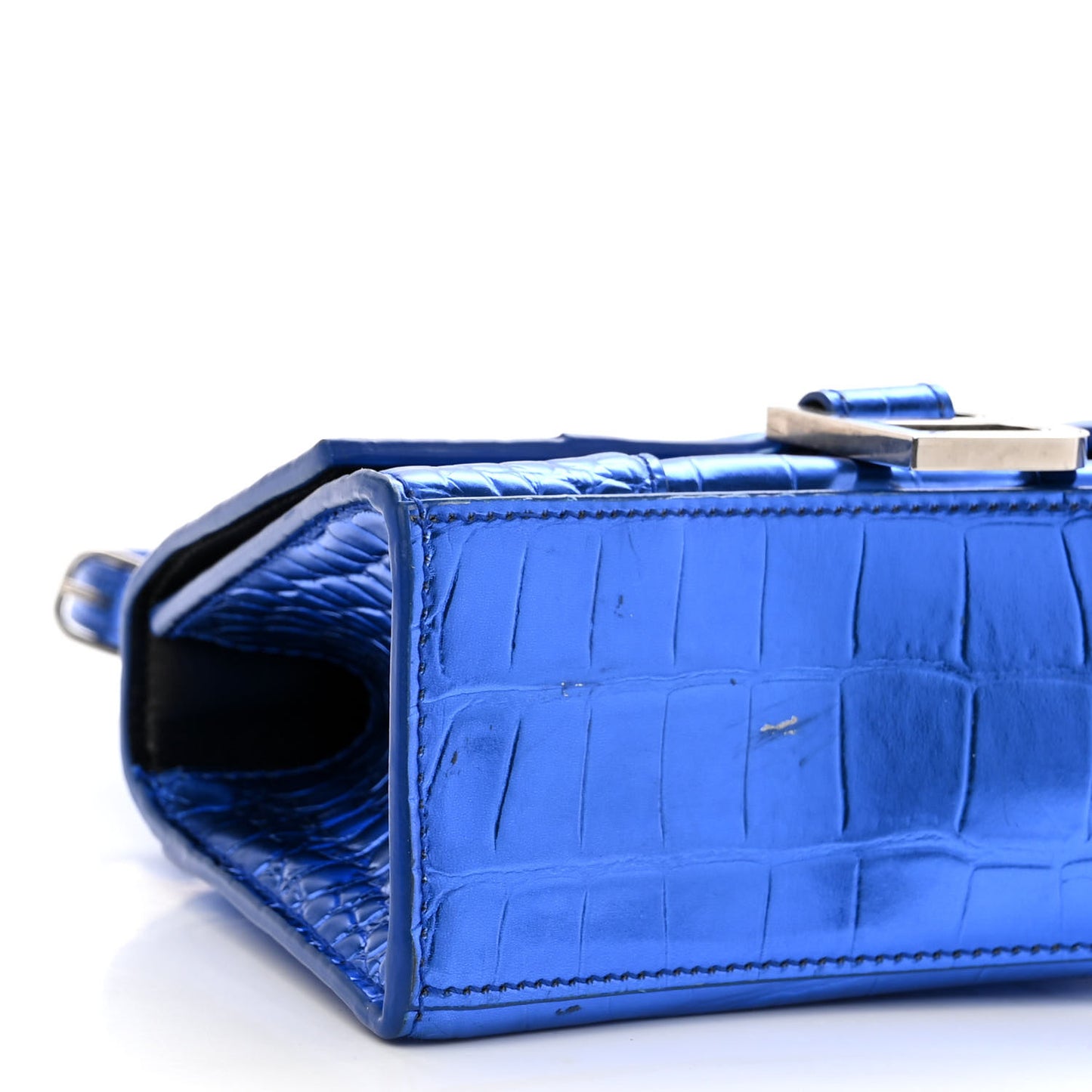 Metallic Shiny Calfskin Crocodile Embossed Hourglass Top Handle Bag XS Royal Blue