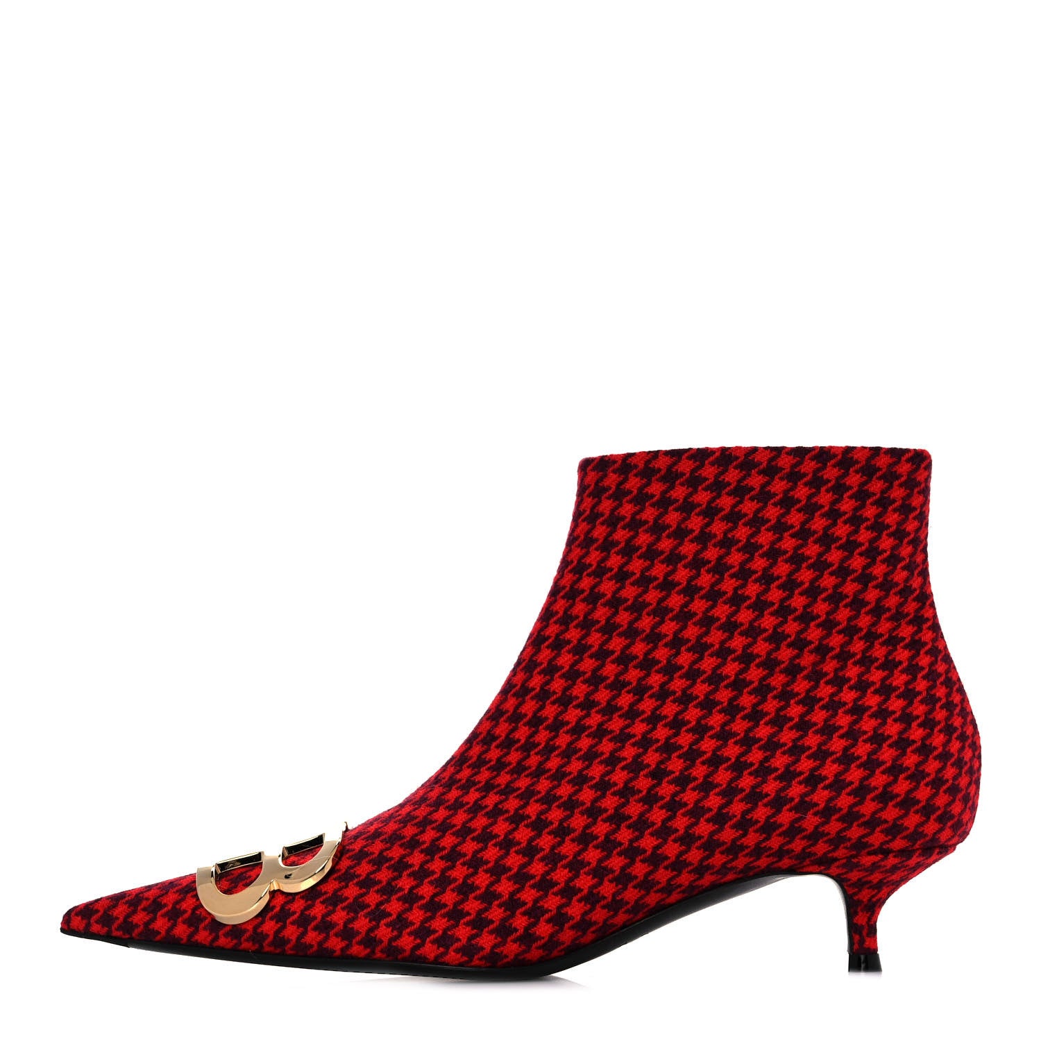 Balenciaga Wool Houndstooth BB Pointy Toe Ankle Booties 37 Red Black Gold 1 of 9