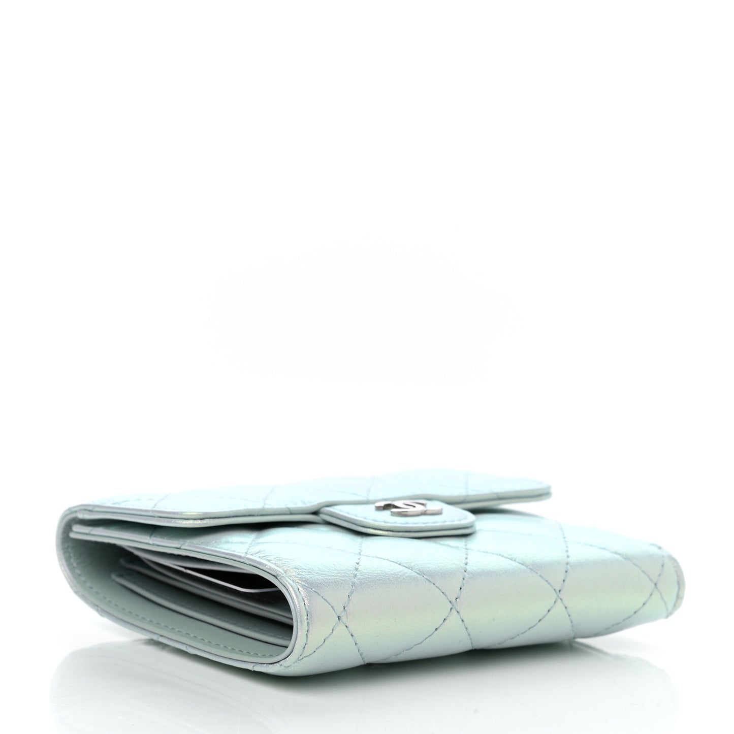 Iridescent Calfskin Quilted Compact Flap Wallet Light Blue