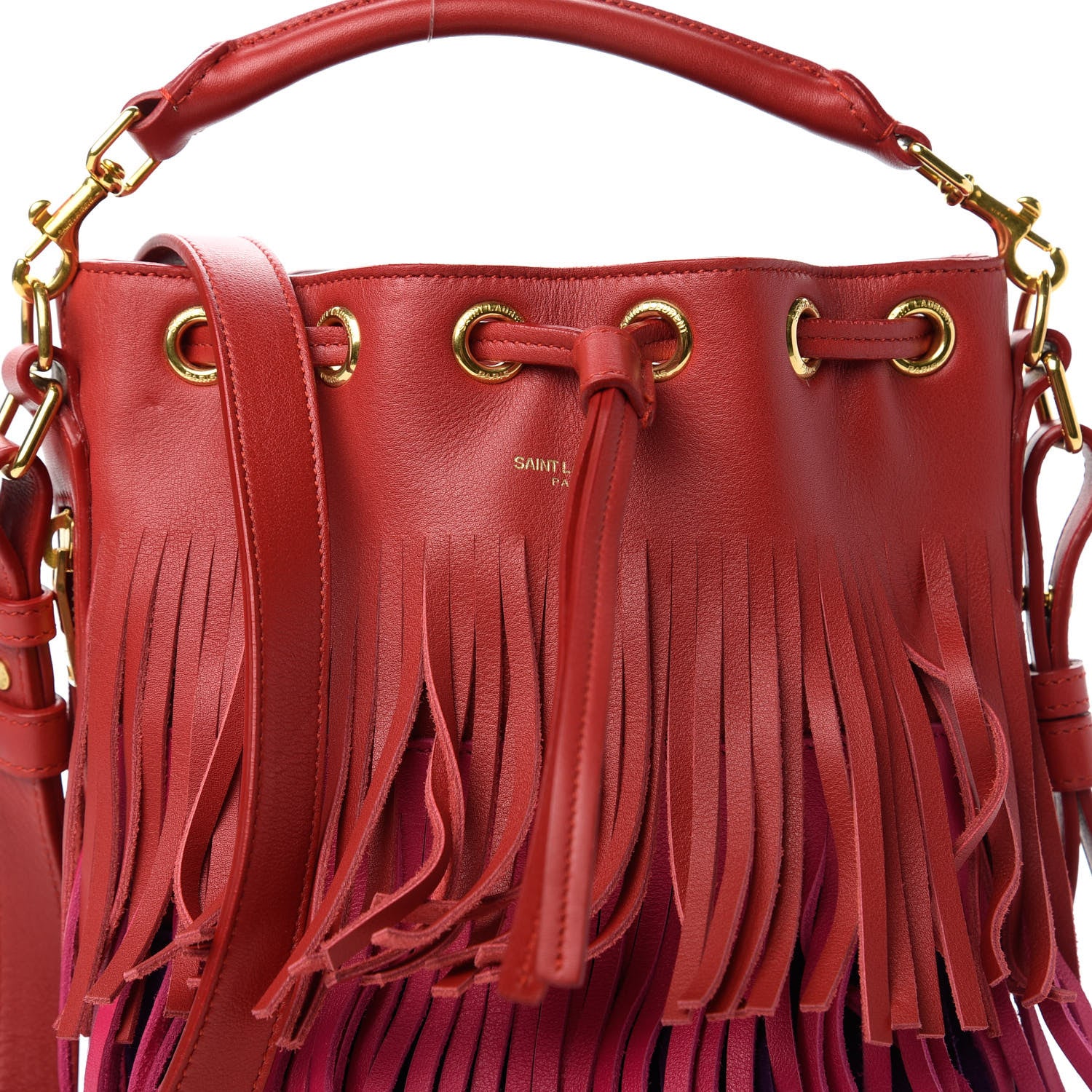 Saint Laurent Calfskin Tri-Color Small Emmanuelle Fringe Bucket Bag Red Bubblegum Purple 10 of 10