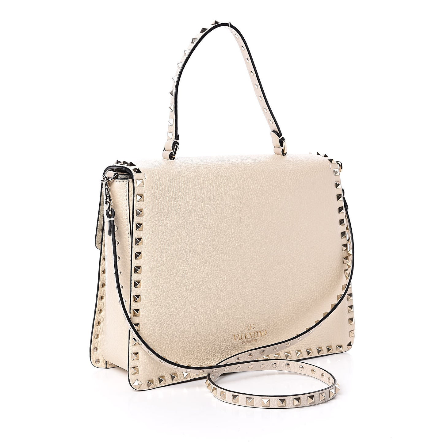 Grained Calfskin Rockstud Top Handle Flap Shoulder Bag Light Ivory