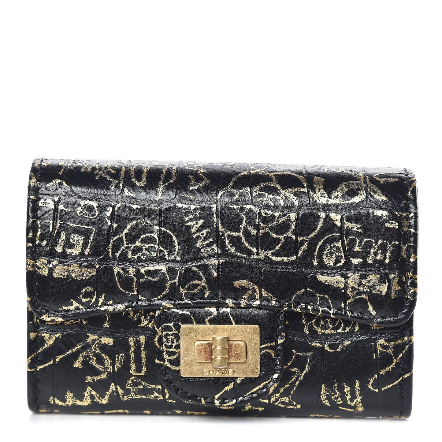 Calfskin Crocodile Embossed Graffiti 2.55 Cocodile Reissue Flap Card Holder Black Gold