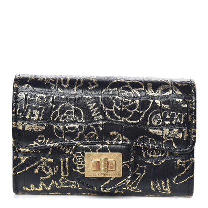 Chanel Calfskin Crocodile Embossed Graffiti 2.55 Cocodile Reissue Flap Card Holder Black Gold 1 of 9