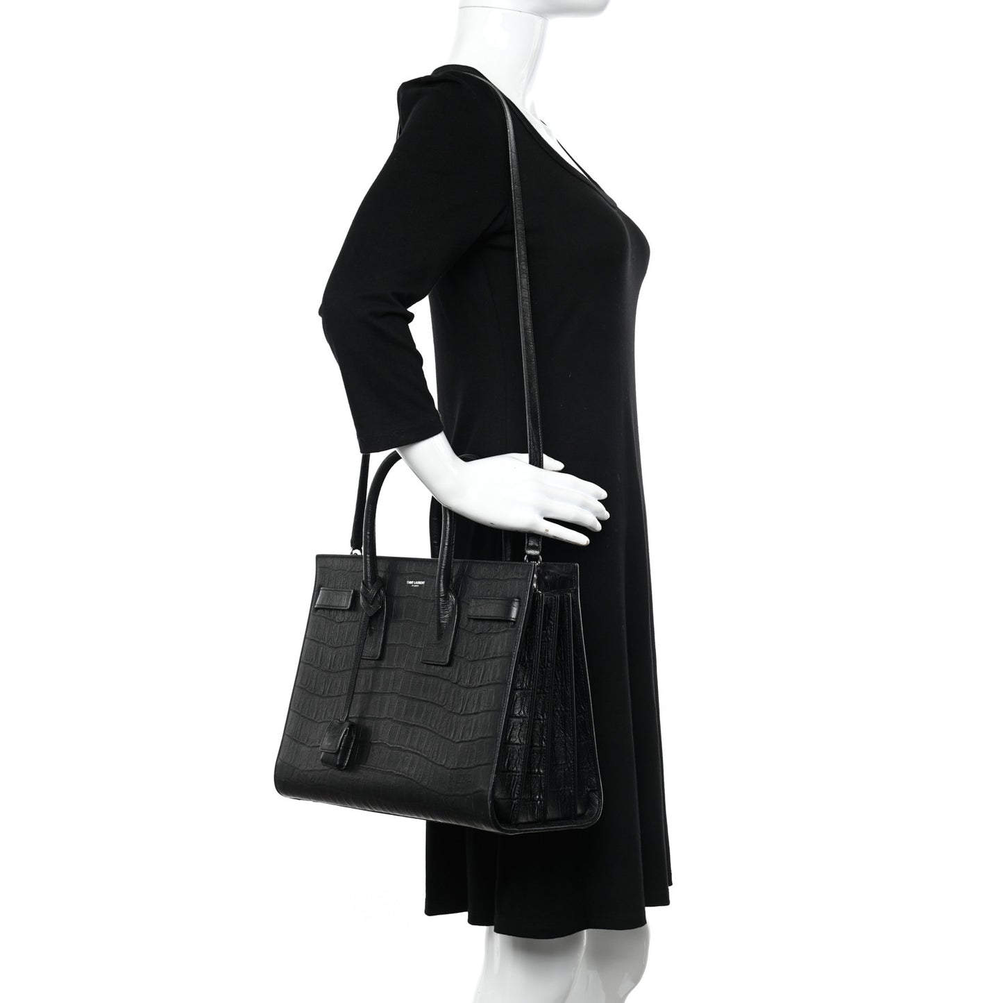 Calfskin Crocodile Embossed Small Sac de Jour Black