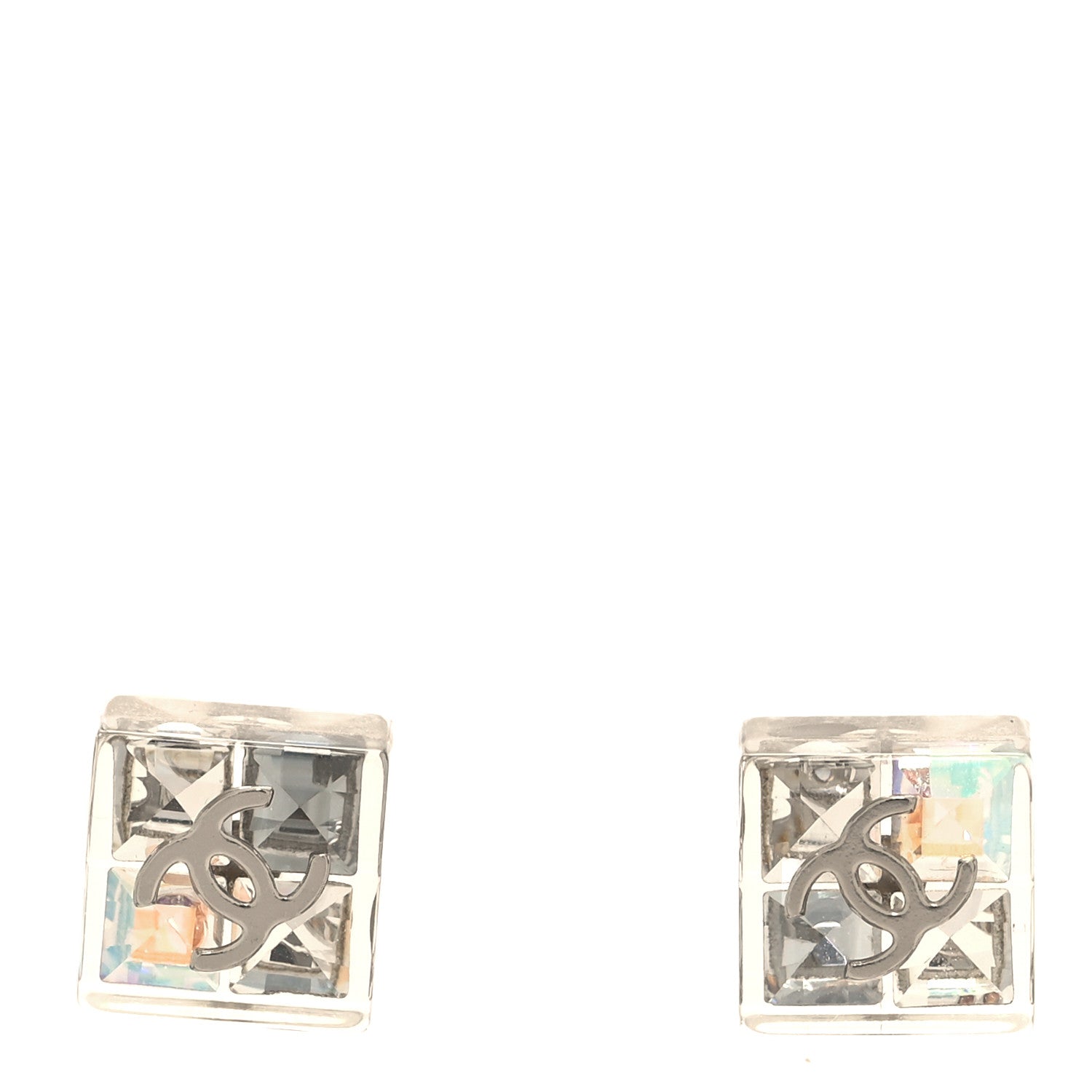 Chanel Transparent Resin Iridescent Crystal CC Cube Earrings Silver 1 of 5