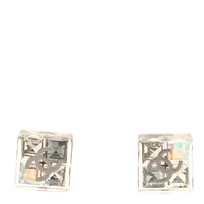 Chanel Transparent Resin Iridescent Crystal CC Cube Earrings Silver 1 of 5