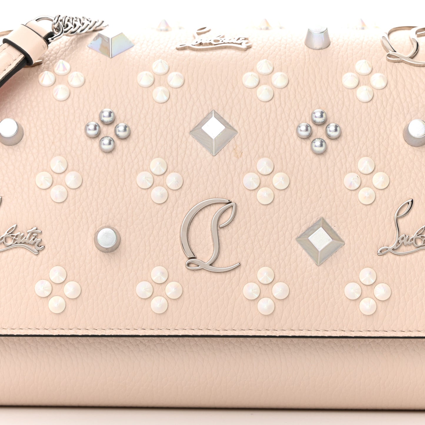 Grained Calfskin Spikes Loubinthesky Paloma Clutch Leche