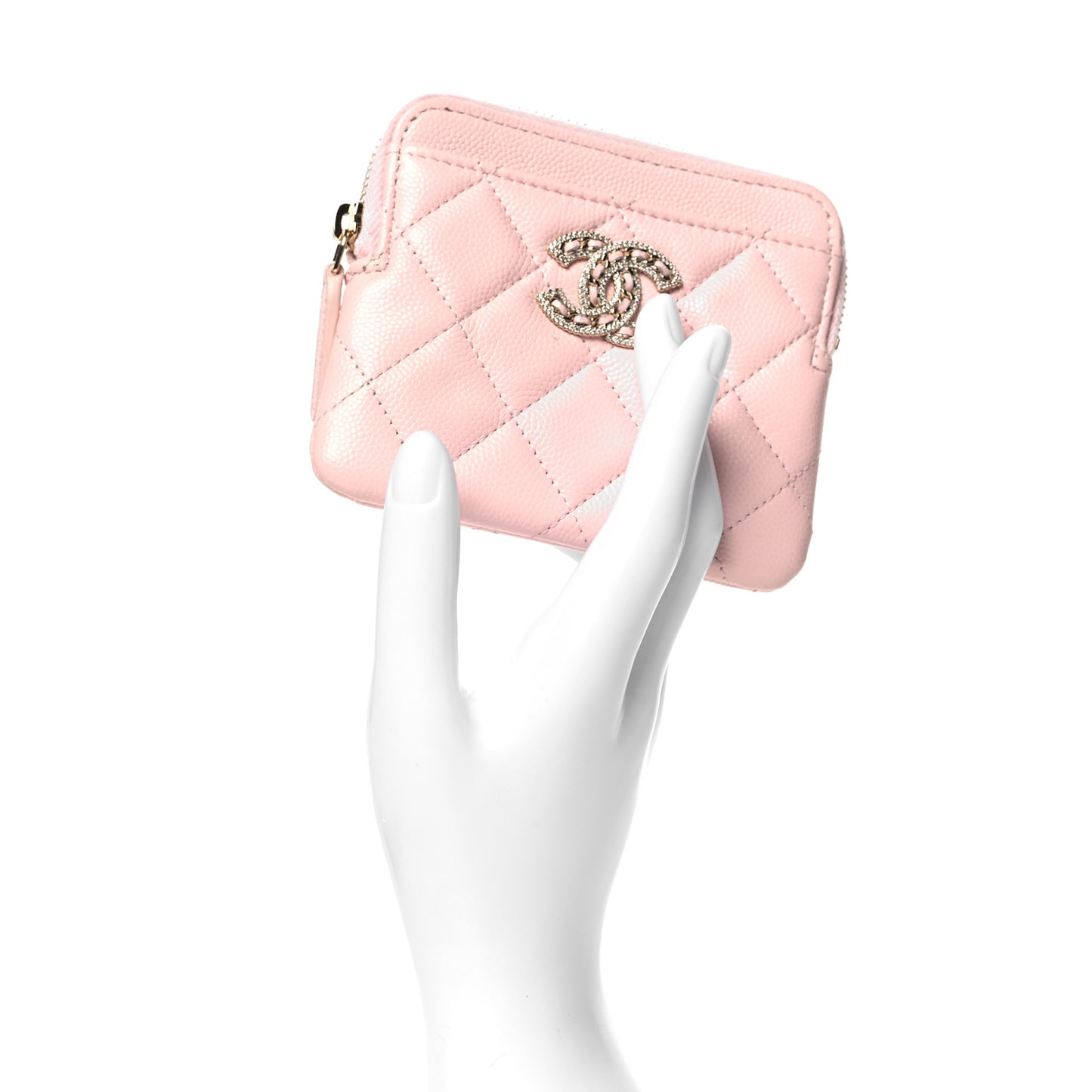 Caviar Quilted Crystal Zip Card Holder Wallet Light Pink