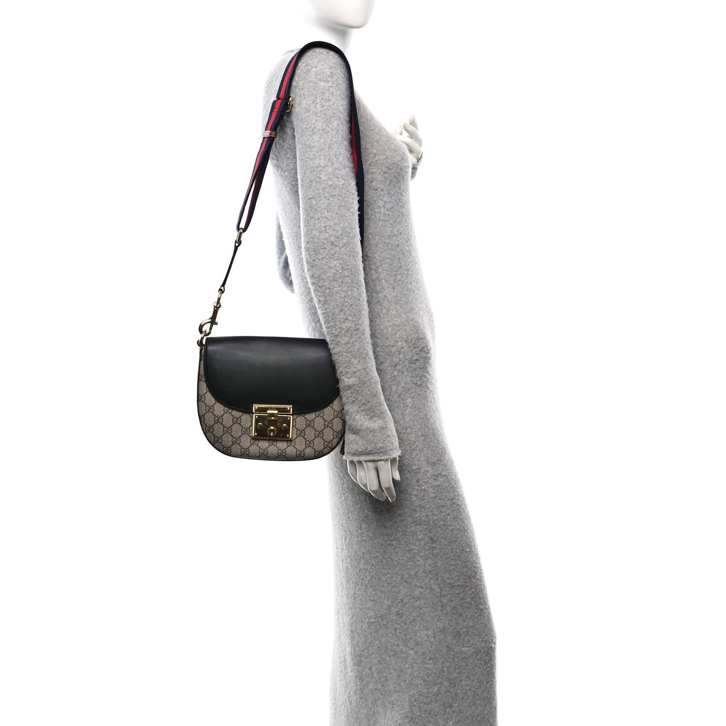 GG Supreme Monogram Web Medium Padlock Messenger Shoulder Bag Black