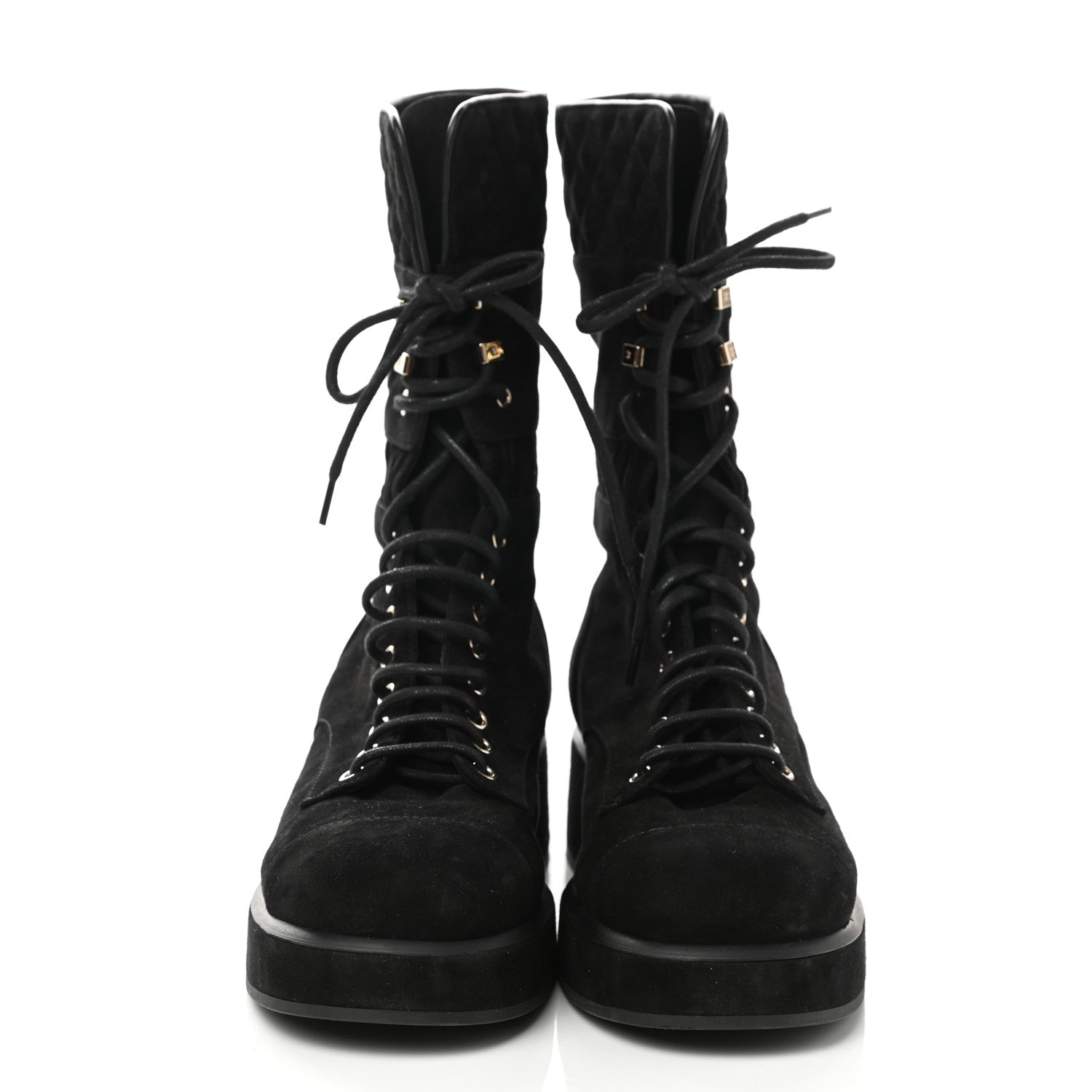 Chanel Suede Quilted Lace Up Combat Boots 41 Black 2 of 8