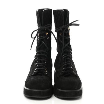 Chanel Suede Quilted Lace Up Combat Boots 41 Black 2 of 8