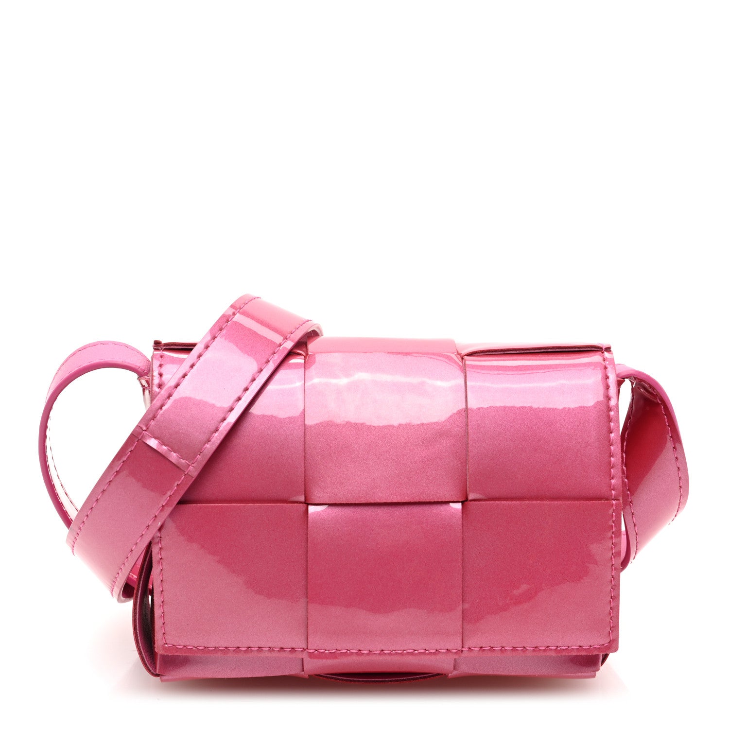 Bottega Veneta Metallic Patent Calfskin Maxi Intrecciato Extra Mini Cassette Crossbody Bag Pink 1 of 9