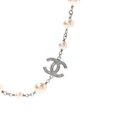 Chanel Crystal Pearl CC Long Necklace Silver 3 of 5