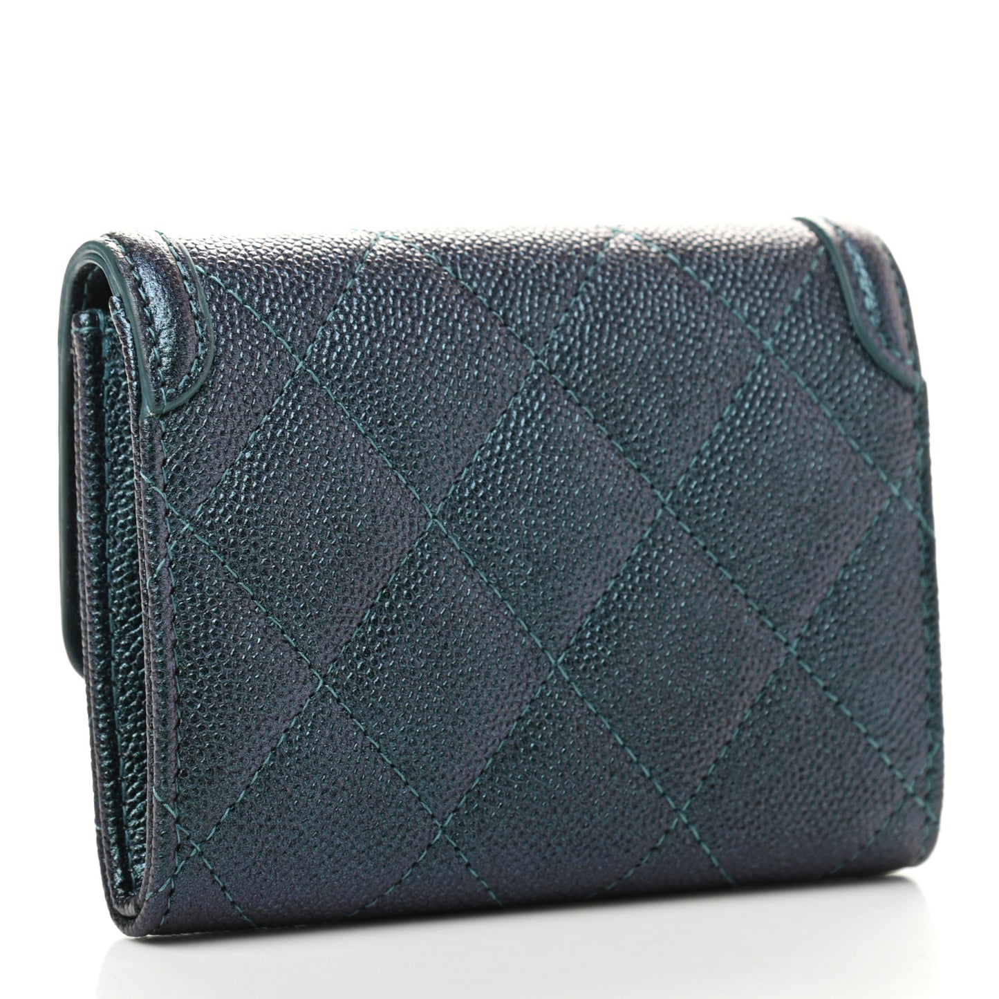Iridescent Caviar Quilted Filigree Flap Card Holder Dark Turquoise