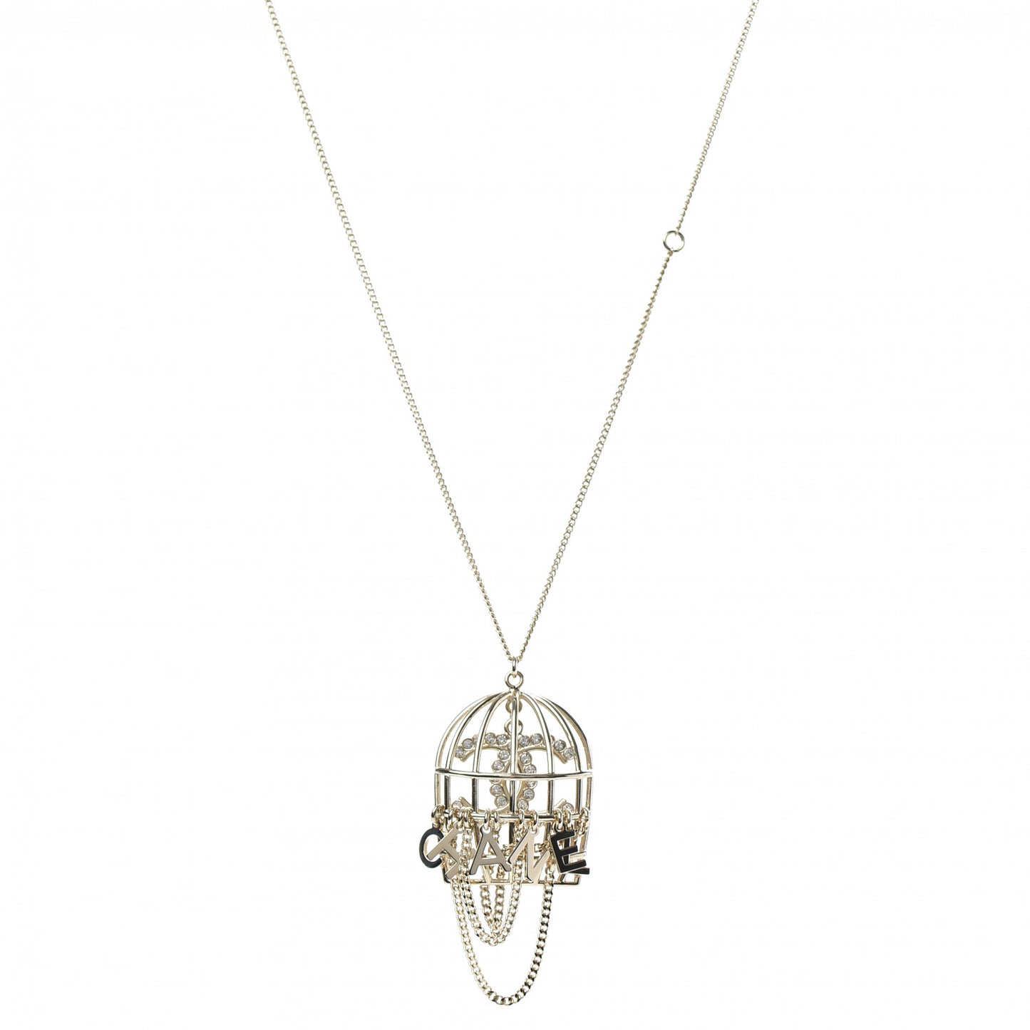 Metal Crystal Logo Bird Cage Necklace Gold