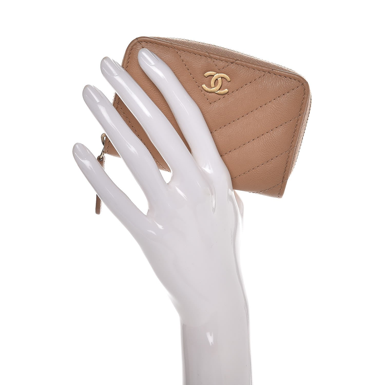 Chanel Calfskin Chevron Quilted Zip Around Coin Purse Beige 2 of 8