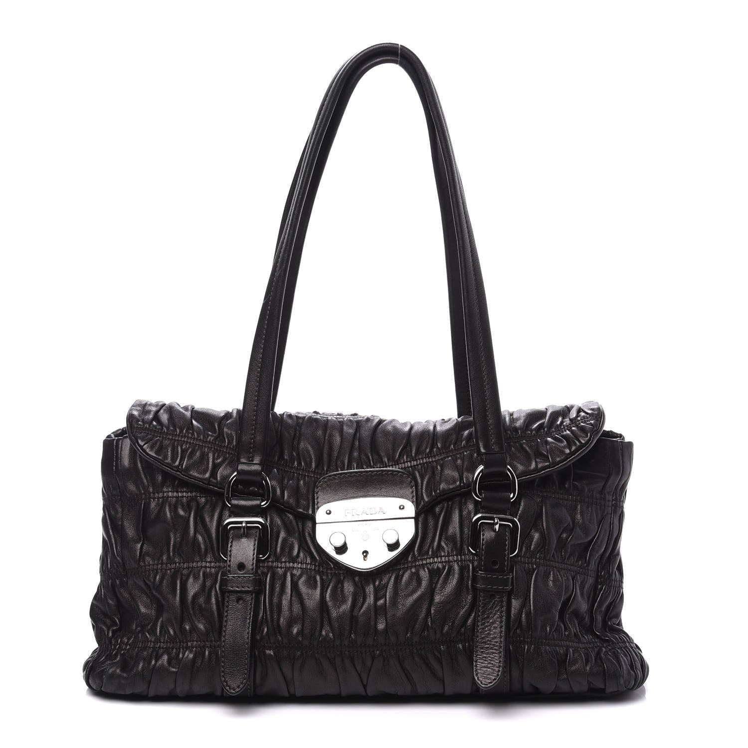 Prada Nappa Dressy Gaufre Foldover Pushlock Satchel Black 1 of 8
