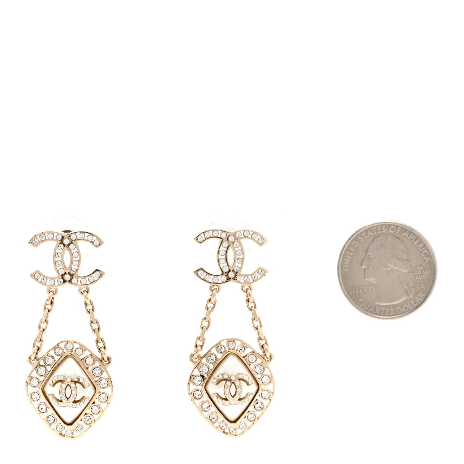 Chanel Crystal Pearl CC Chain Drop Earrings Gold 2 of 7