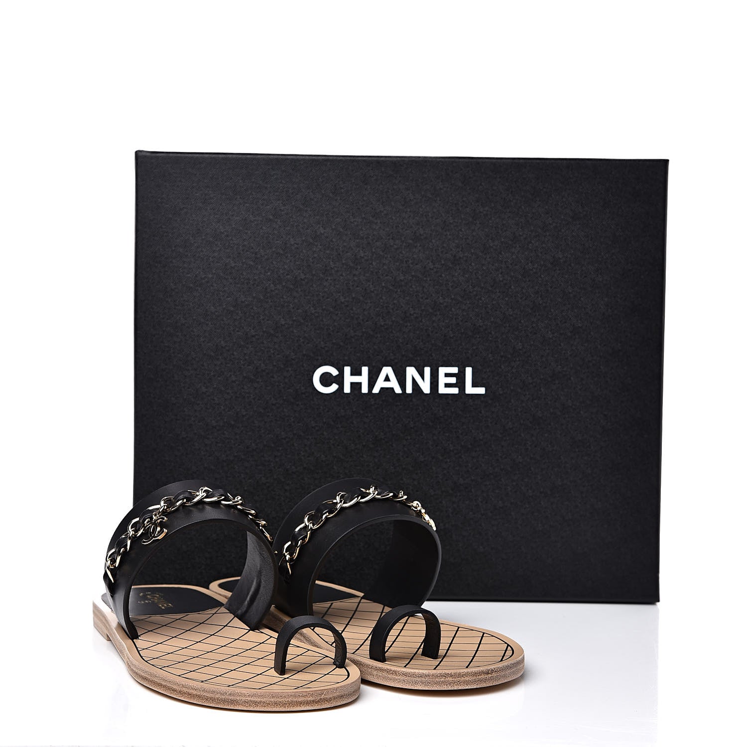 Chanel Calfskin Chain CC Logo Toe Ring Sandals 39.5 Black 9 of 9