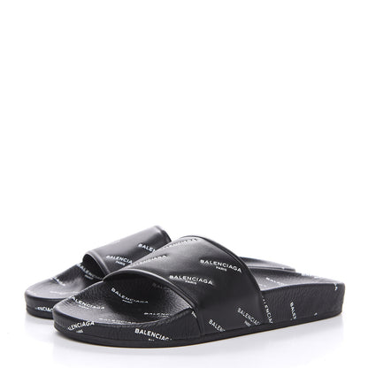 Balenciaga Nappa Allover Logo Embossed Womens Pool Slide Sandals 35 Black White 3 of 9