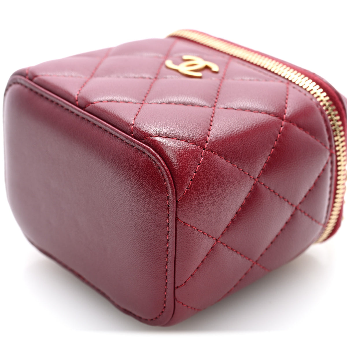 Lambskin Quilted Mini Top Handle Vanity Case With Chain Burgundy