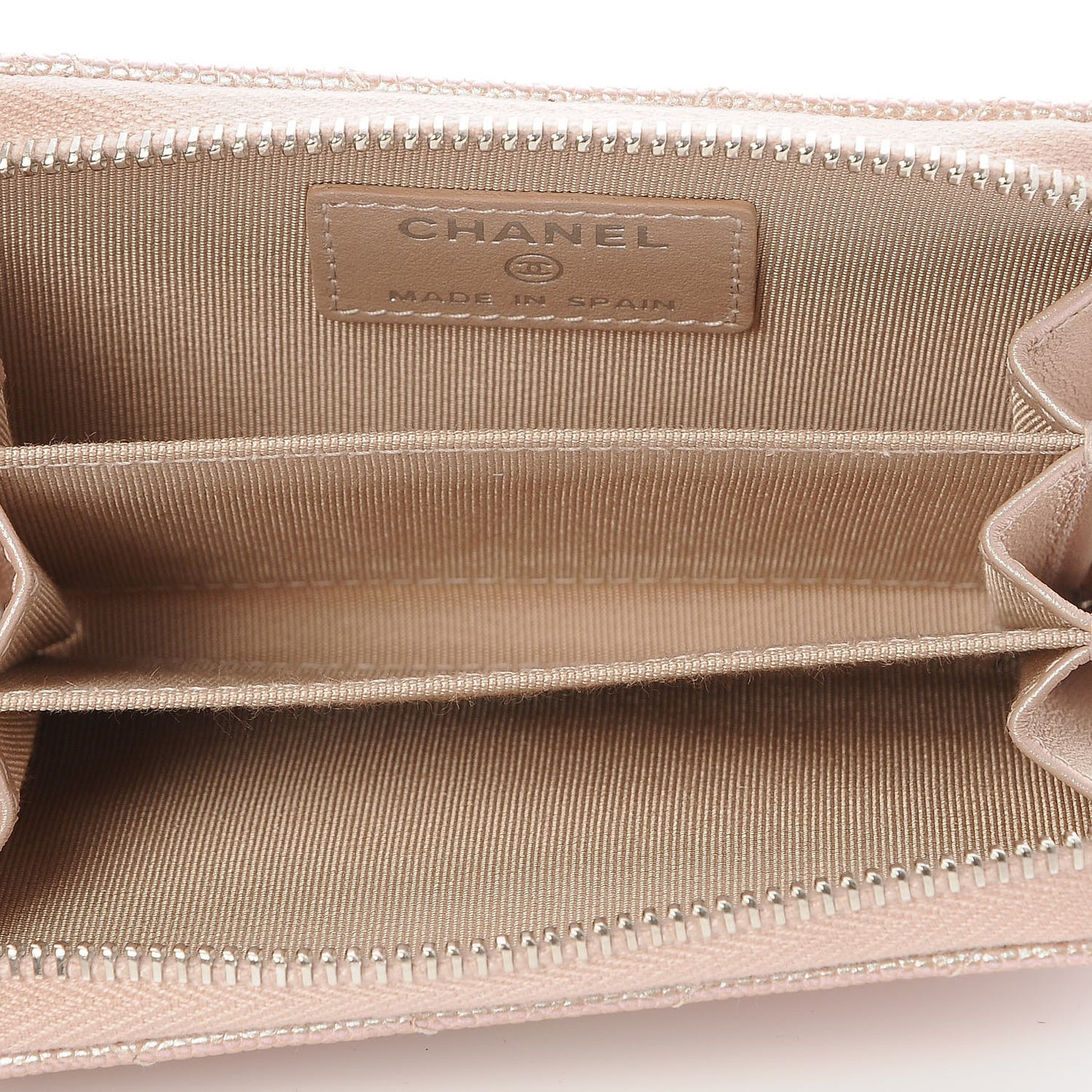 Metallic Caviar Chevron Quilted Zip Around Coin Purse Light Gold