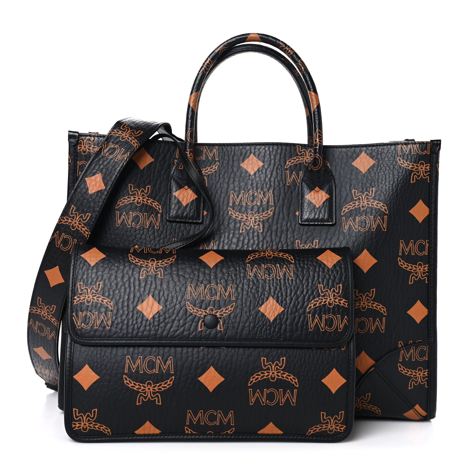 MCM Visetos Maxi Large Munchen Tote Black Cognac 1781571