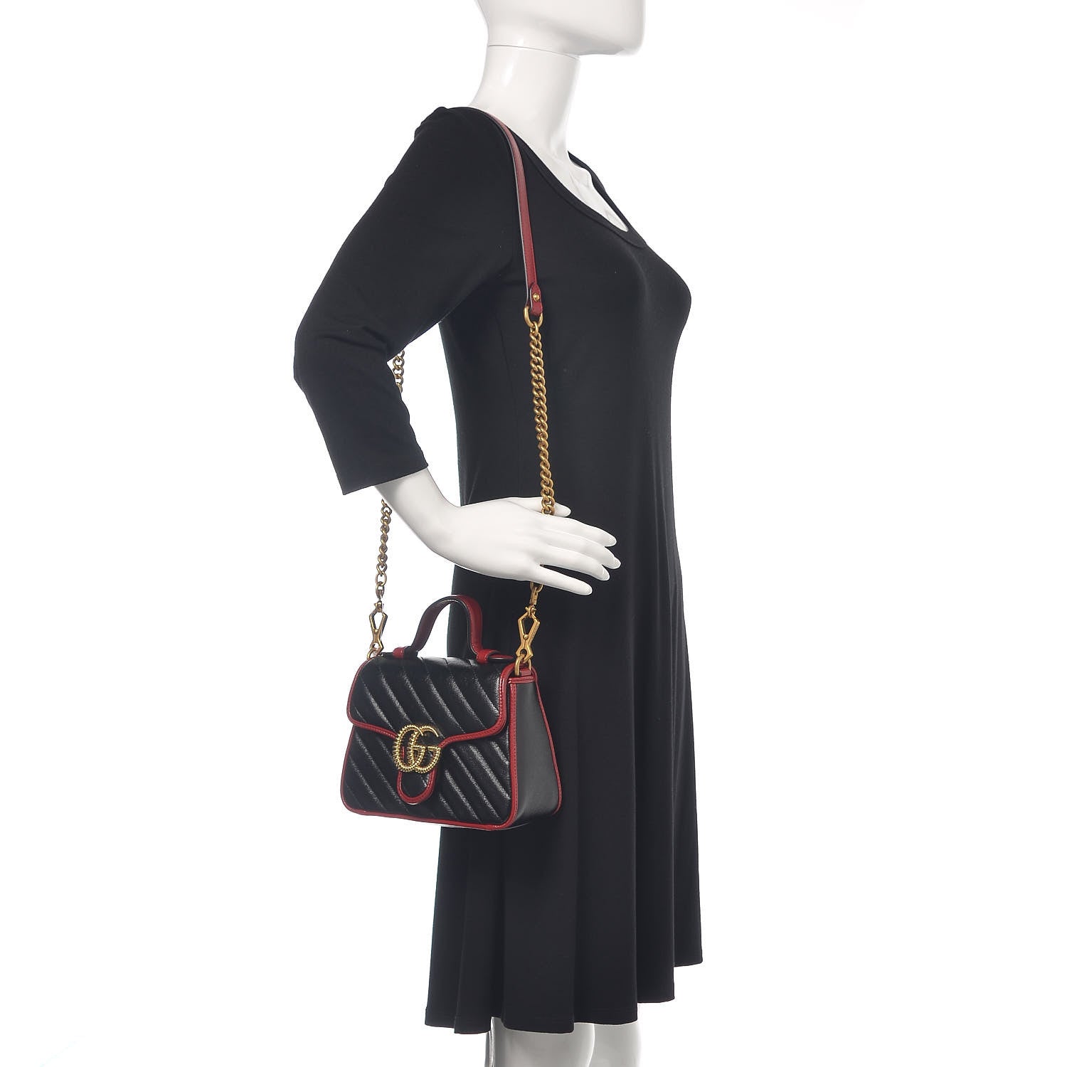 Gucci Vintage Effect Calfskin Matelasse Diagonal Mini Torchon GG Marmont Top Handle Shoulder Bag Black Romantic Cherry 2 of 11
