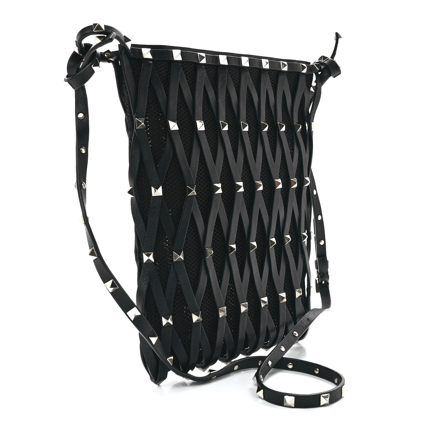 Vitello Rockstud Lattice Mesh Mini Crossbody Black