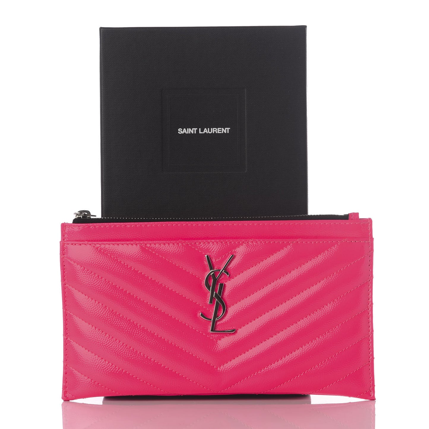 Patent Grain De Poudre Matelasse Chevron Monogram Bill Pouch Neon Pink