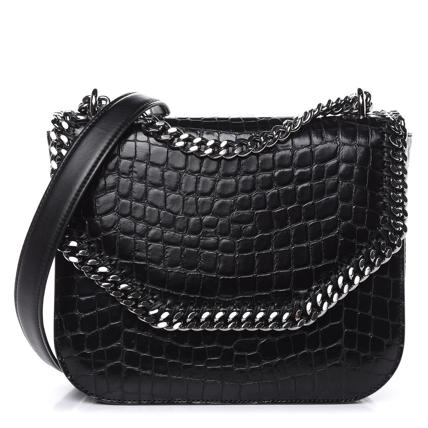 Embossed Crocodile Effect Medium Falabella Box Shoulder Bag Black