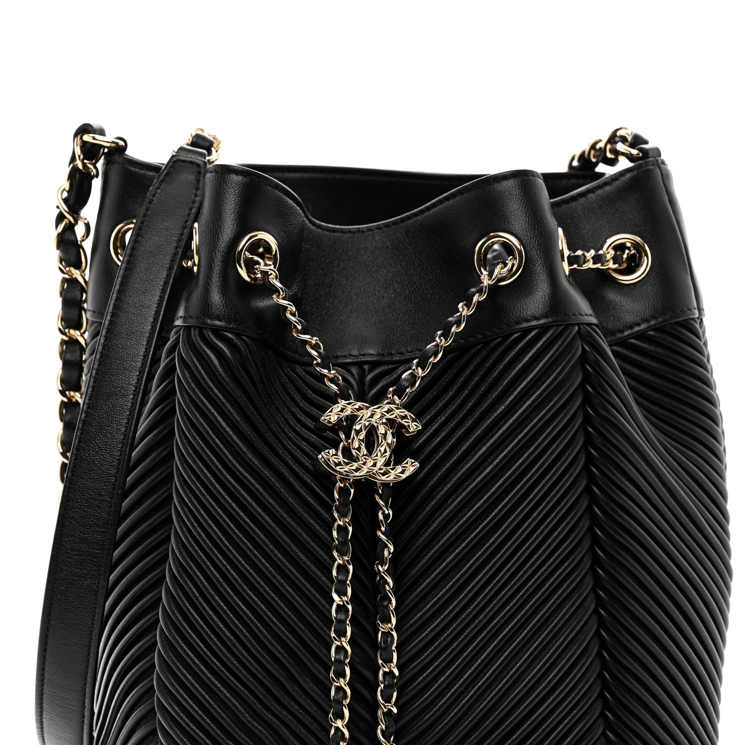 Chanel Lambskin Chevron Drawstring Bag Black 5 of 10