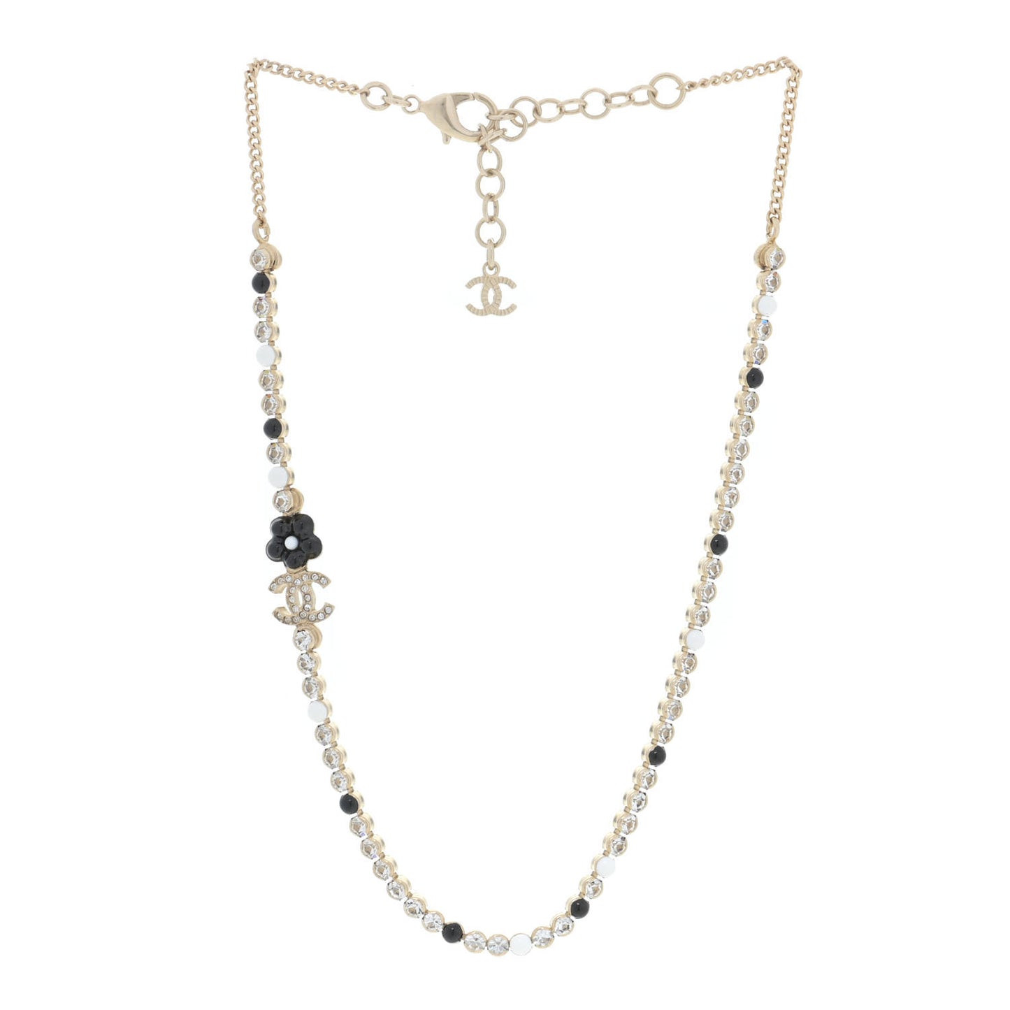 Crystal Pearl Glass Beaded CC Short Necklace Gold White Black