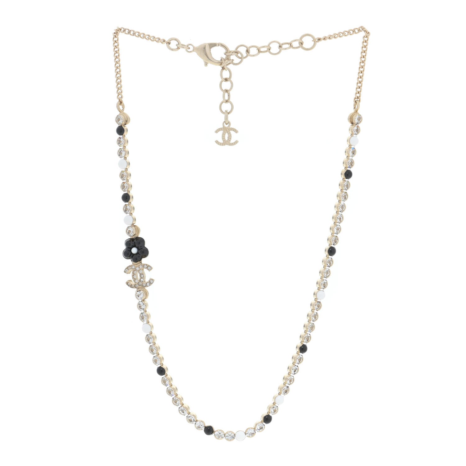 Chanel Crystal Pearl Glass Beaded CC Short Necklace Gold White Black 2 of 5