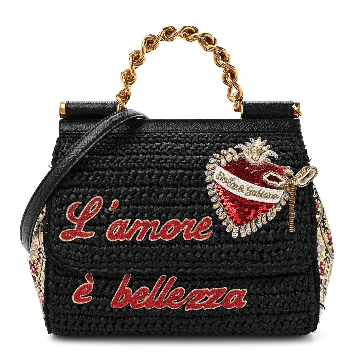 Dolce & Gabbana Woven Raffia Dauphine Sequin Embroidered Medium L'Amore Belleza Chain Miss Sicily Satchel Black Multicolor 1 of 10
