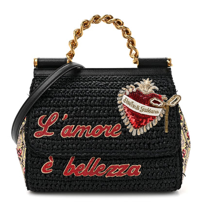 Dolce & Gabbana Woven Raffia Dauphine Sequin Embroidered Medium L'Amore Belleza Chain Miss Sicily Satchel Black Multicolor 1 of 10