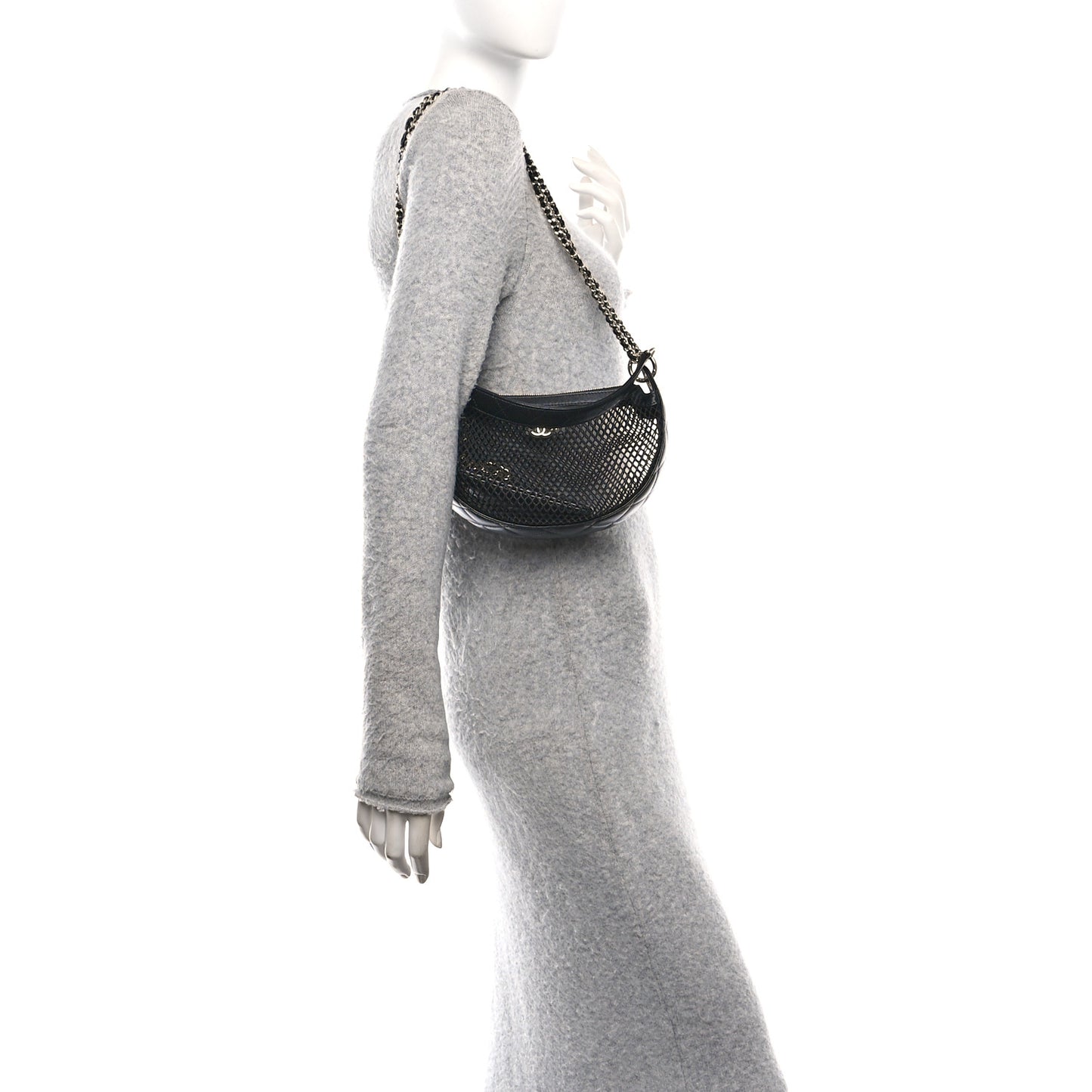 Mesh Shiny Lambskin Chain Hobo Black