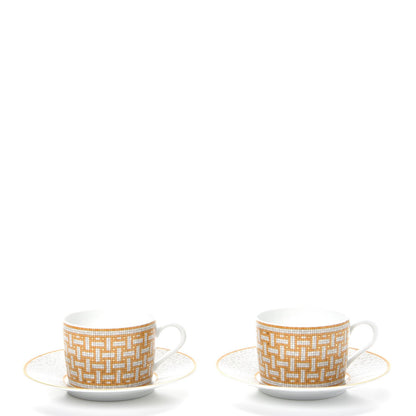 Hermes Porcelain Mosaique Au 24 Gold Tea Cup And Saucer Set Of 2 1 of 13
