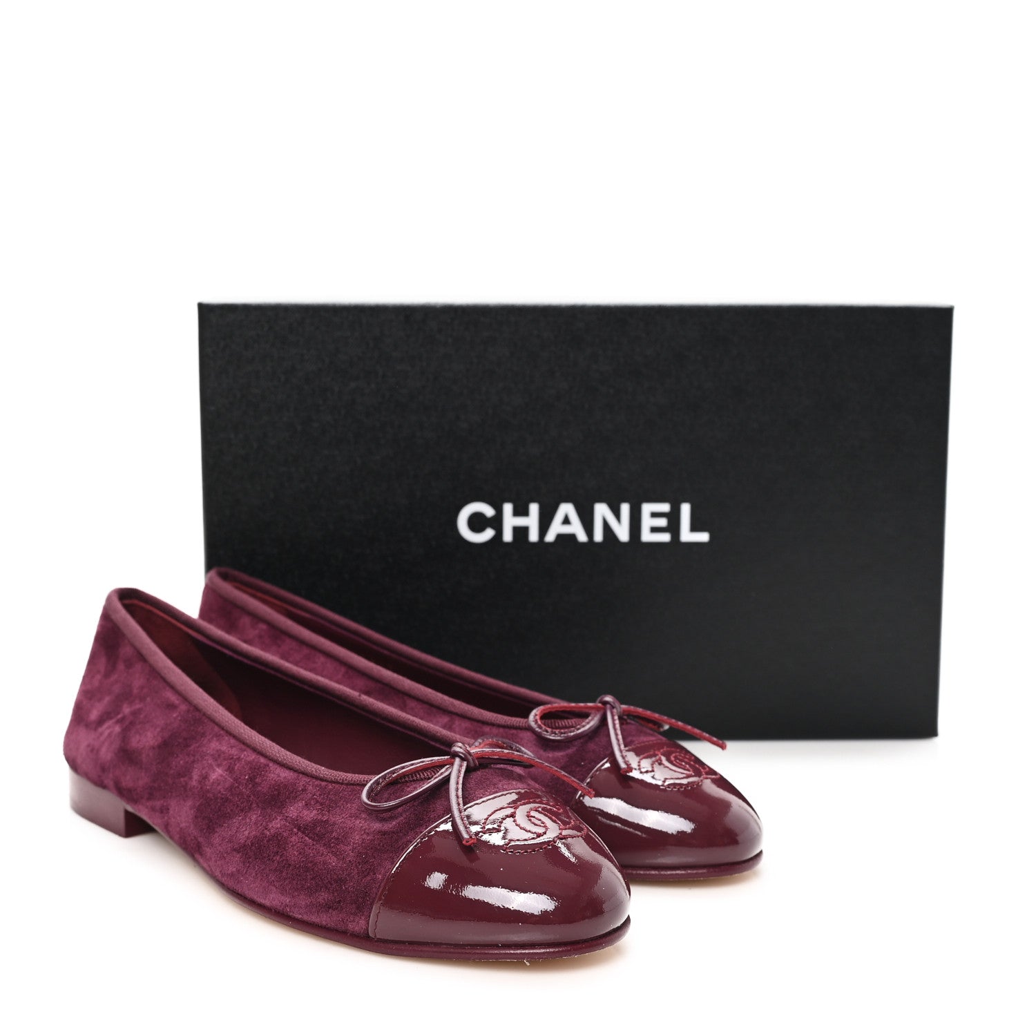 Chanel Suede Patent Cap Toe CC Ballerina Flats 37.5 Burgundy 10 of 10