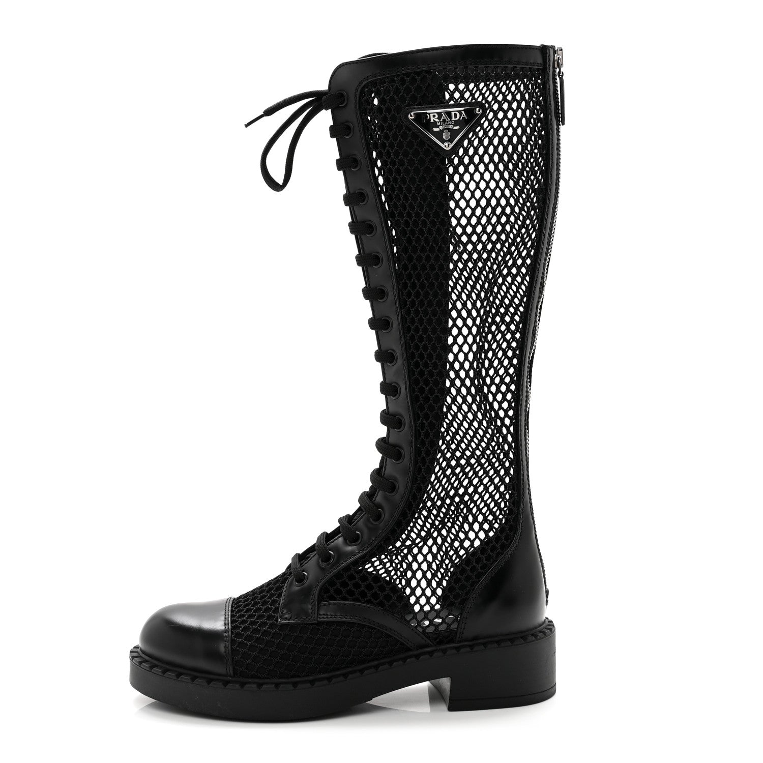 Prada Rete Spazzolato Rois Metal Triangle Logo Womens Knee High 50mm Boots 35.5 Black 1 of 8