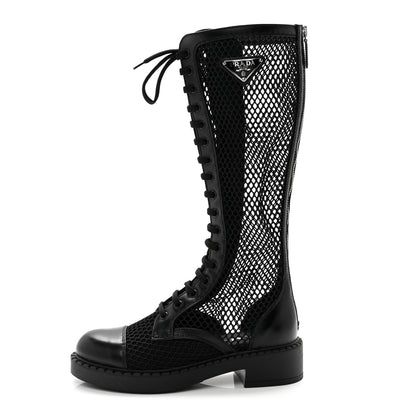 Prada Rete Spazzolato Rois Metal Triangle Logo Womens Knee High 50mm Boots 35.5 Black 1 of 8