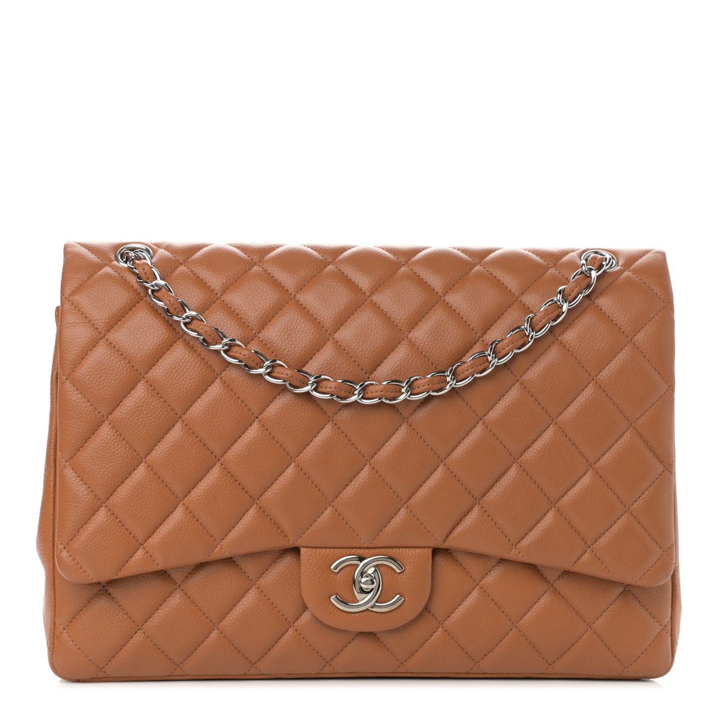 Caviar Quilted Maxi Double Flap Light Brown