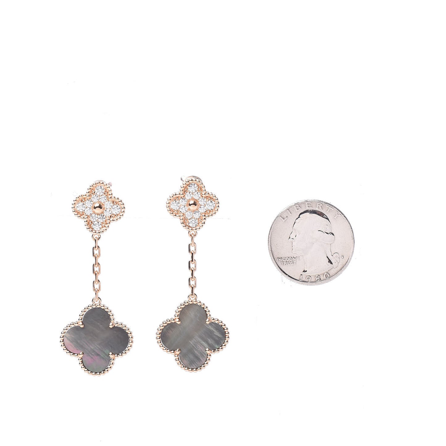 18K Rose Gold Diamond Grey Mother of Pearl Magic Alhambra 2 Motifs Earrings