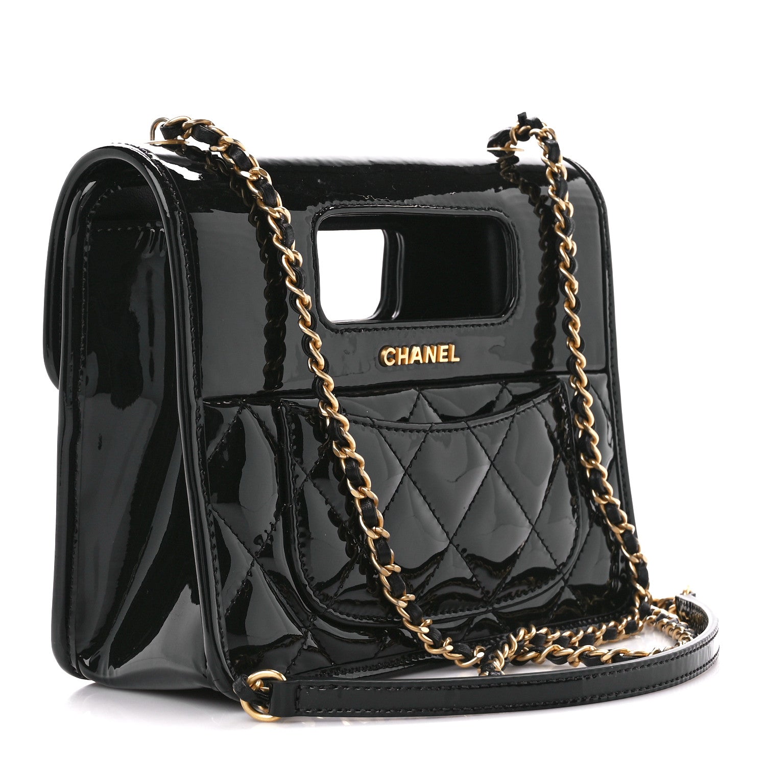 Chanel Patent Quilted Mini Graphic Catch Flap Black 3 of 13