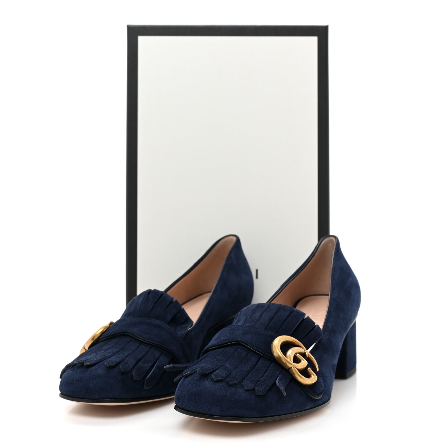 Gucci Kid Scamosciato GG Marmont Fringe 50mm Loafer Pumps 38.5 Blue Ink 9 of 9