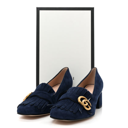 Gucci Kid Scamosciato GG Marmont Fringe 50mm Loafer Pumps 38.5 Blue Ink 9 of 9