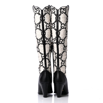Gucci Tweed GG Monogram Wrinkled Kid Zumi Knee Boots 38 Natural Black 4 of 6